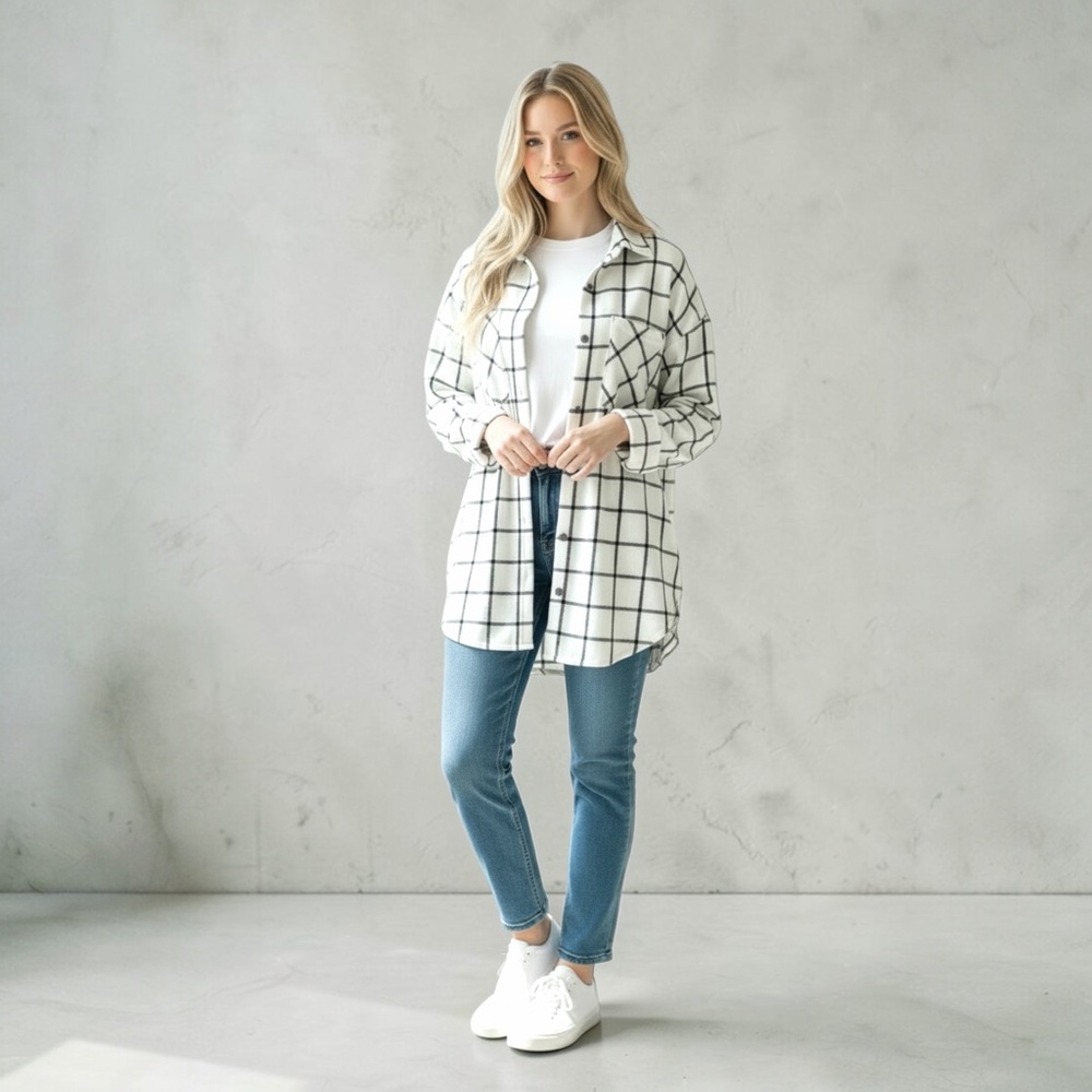White and Black Plaid Shirt Jacket